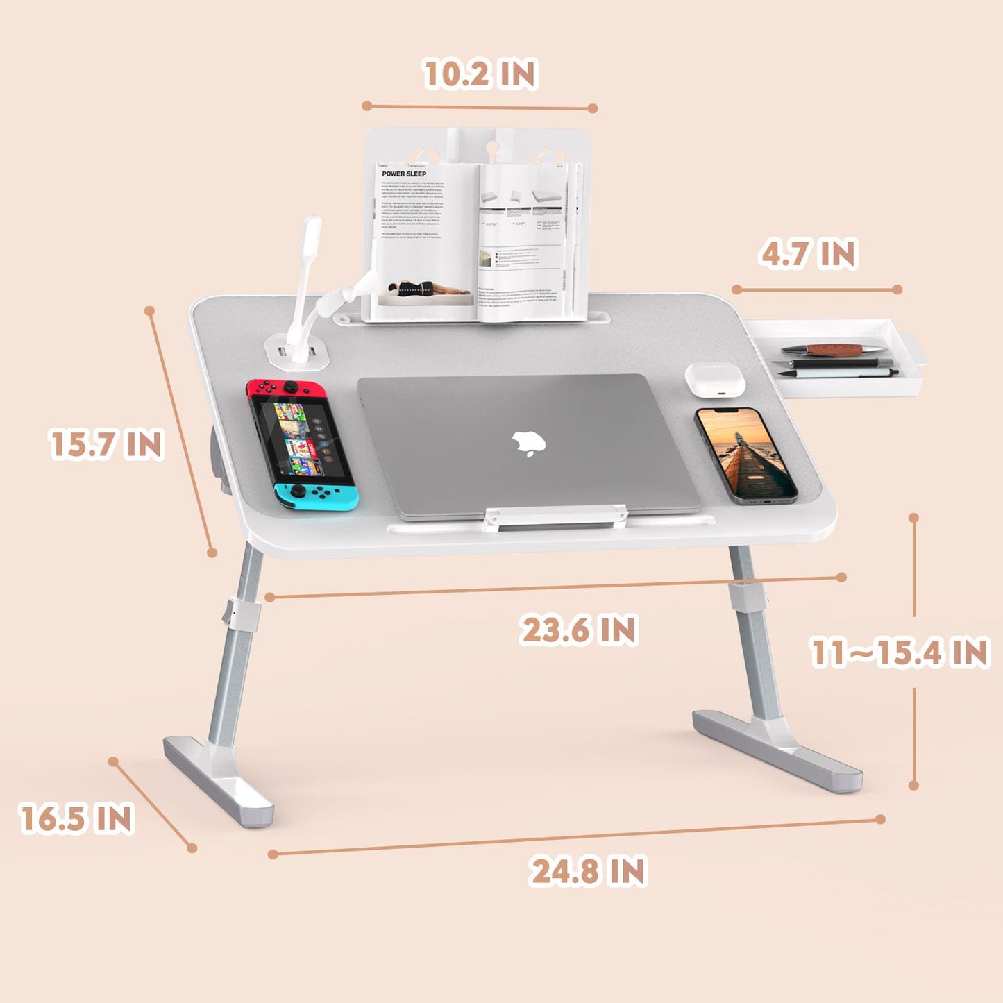 RAINBEAN Lap Desk with Charging Port and Book Stand, Foldable and Adjustable Laptop Desk for Bed and Sofa