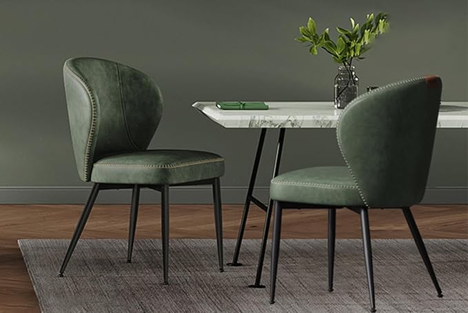Set of 2 Upholstered Dining Chairs – Mid-Century Modern Accent Kitchen Chairs with Padded Seat, Solid Back, Synthetic Leather Upholstery, Steel Legs, Easy Assembly
