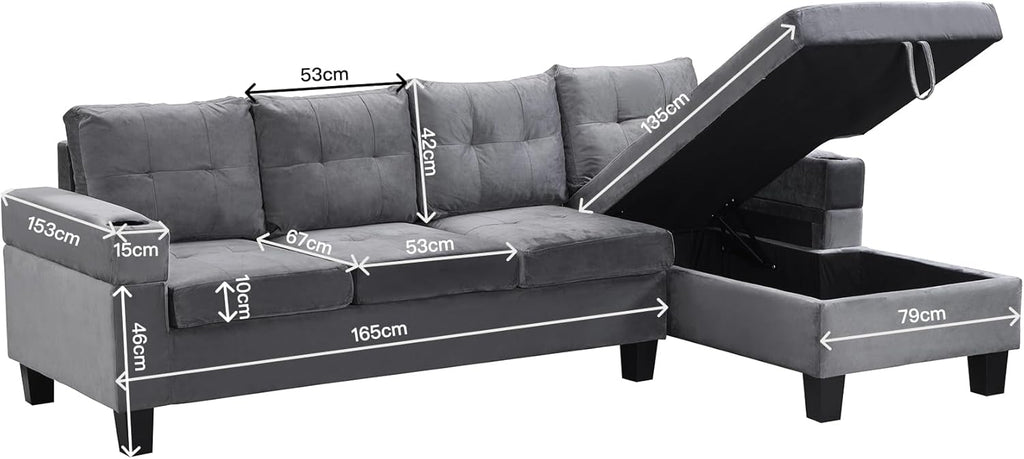 4-Seater L-Shaped Sectional Sofa with Storage Chaise, with High-Density Foam, Built-in Cup Holder for Living Room, Grey (fd) Multi Market World Inc.