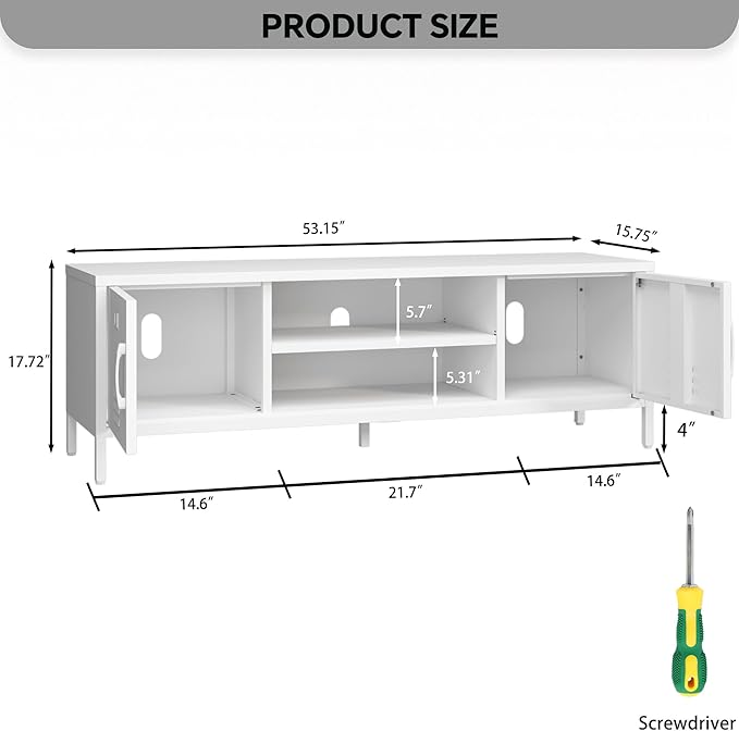 Modern Metal TV Stand for 55–60 Inch TVs – Industrial Style Entertainment Center with Storage Cabinets, Open Shelf, Cable Management & Ventilation, Mid-Century Media Console Table