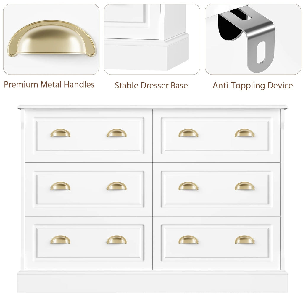 6 Drawer White Double Dresser for Bedroom, Gold Handle Drawer Chest Wood Storage Cabinet for Living Room, White Multi Market World Inc.