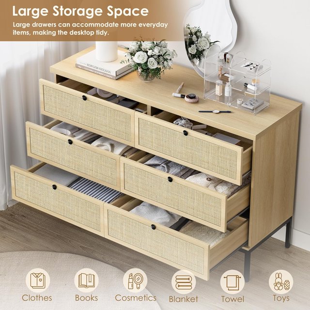 6 Drawer Rattan Dresser for Bedroom, 47" Boho Wide Chest of Drawers with Natural Hand-Woven Rattan Doors (fd) Multi Market World Inc.