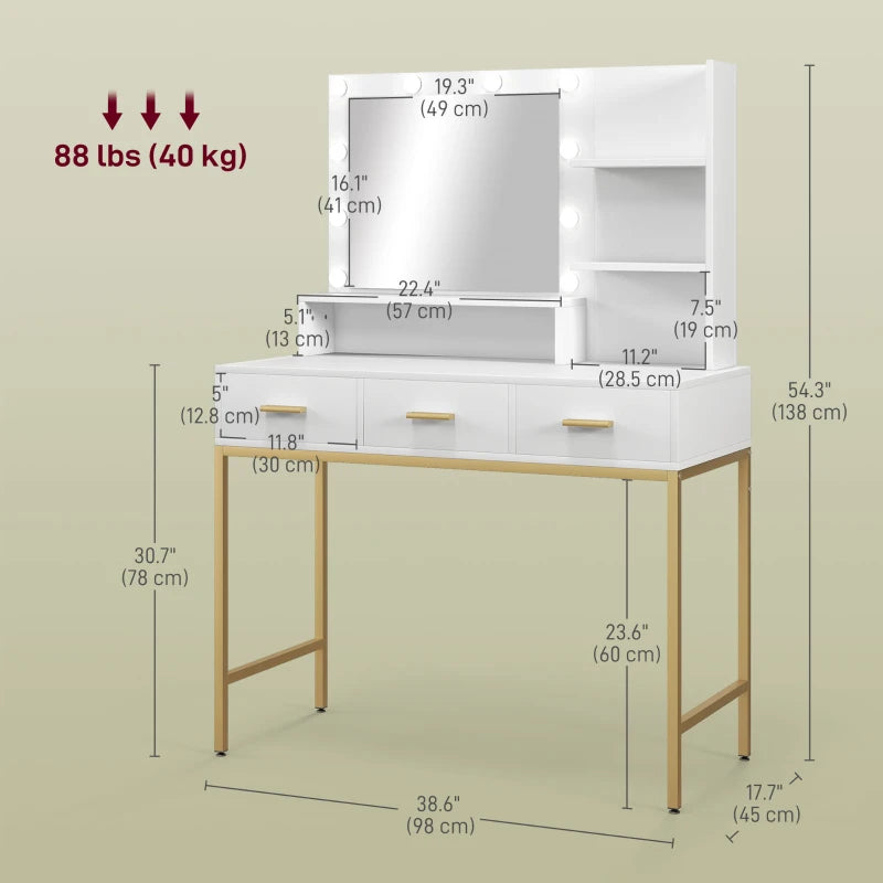 Illuminated Dressing Table, LED Vanity Table with Mirror, 3 Drawers and Storage Shelves for Bedroom, White