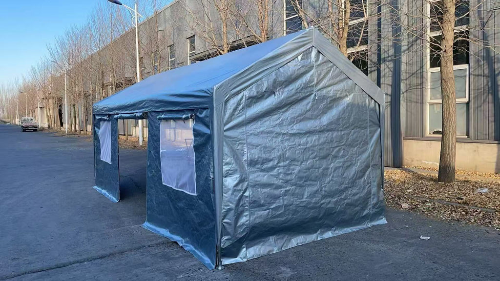 Two blue tarps covering outdoor furniture on a patio
