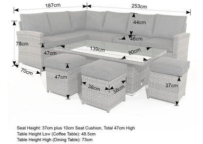 MMW 7 Piece Patio Rattan Corner Sofa Dining Set Adjustable Lift Up Down Table