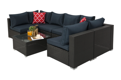 MMW 7 Pieces Outdoor Rattan Furniture Set, Patio Wicker Sectional Conversation Sofa Set w/ Cushions & Coffee Table, Navy Blue