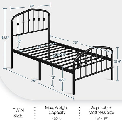 Metal Frame Bed, Black, Twin size,  Iron Headboard and Footboard