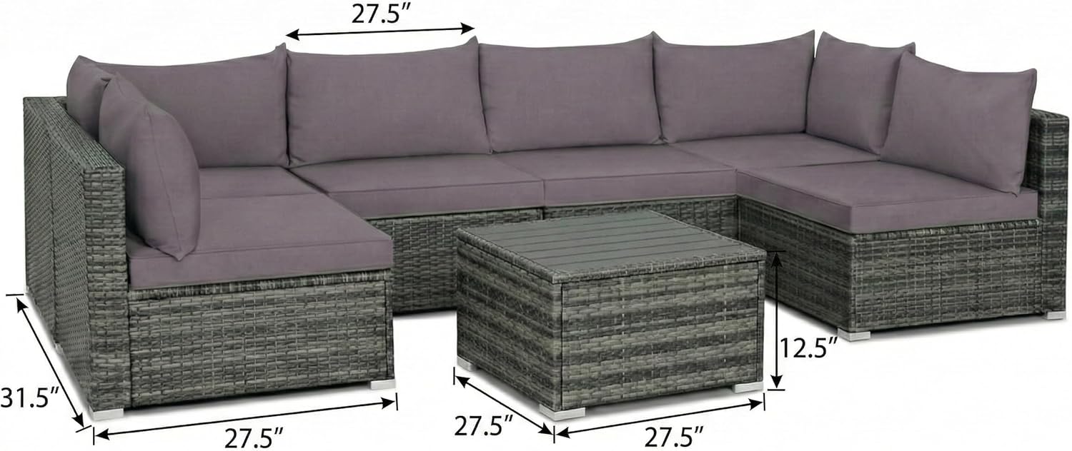 7-Piece Patio Sectional Sofa Set with Coffee Table, Dark Grey Woven Wicker, U-Shaped Outdoor Furniture with Extra Thick Cushions Multi Market World Inc.
