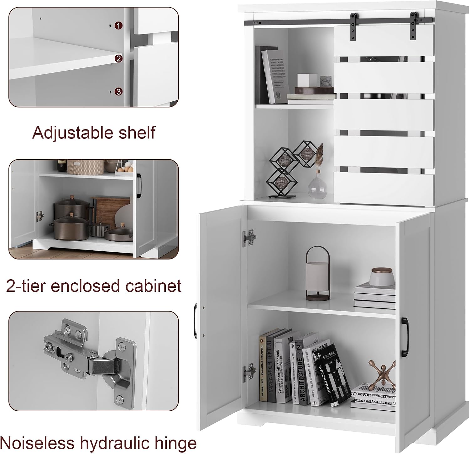 63.5" White Kitchen Pantry Cabinet with Sliding Barn Door Multi Market World Inc.