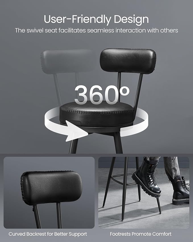 Set of 2 Swivel Counter Height Bar Stools – 25.6" Tall Mid-Century Modern Bar Chairs with Backrest, Synthetic Leather Upholstery Multi Market World Inc.