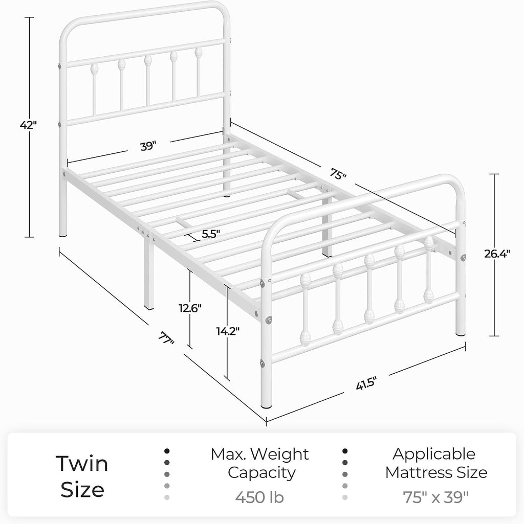 Metal Frame Bed, White, Twin size,  Iron Headboard and Footboard Multi Market World Inc.