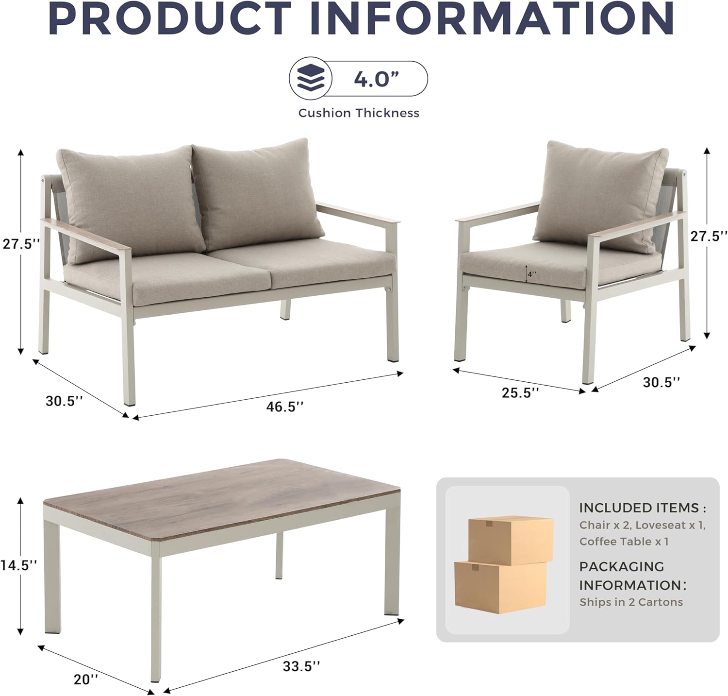 4-Piece Patio Furniture Set with All-Aluminum Rust-Resistant Frame, 2 Accent Chairs, Loveseat, and Faux Teak Coffee Table (fd) Multi Market World Inc.