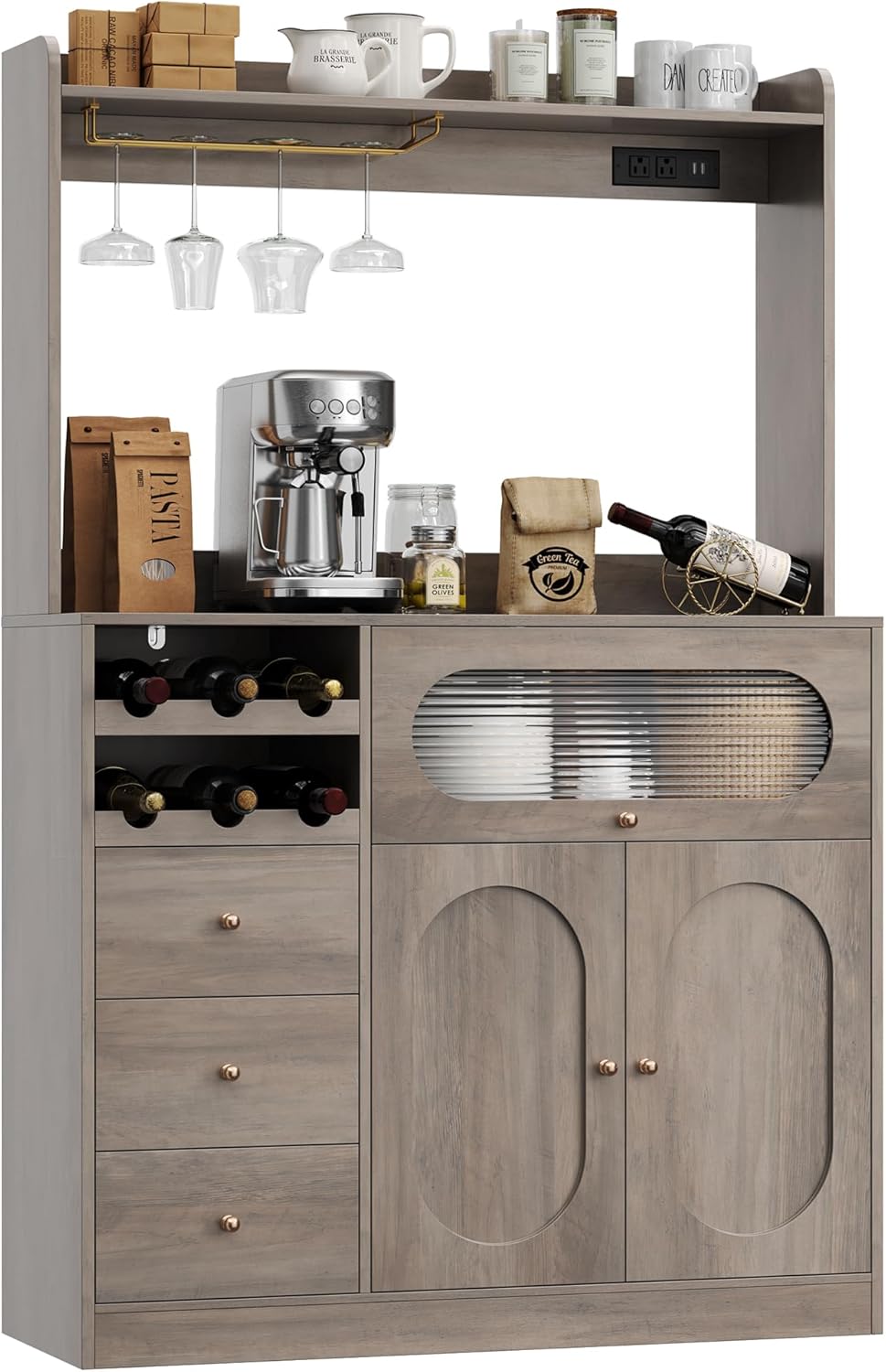 Kitchen Pantry Storage Cabinet with Hutch, Buffet Cabinet with Storage, Coffee Bar Cabinets with Power Outlets, Microwave Stand, Wine Racks, Wash Gray
