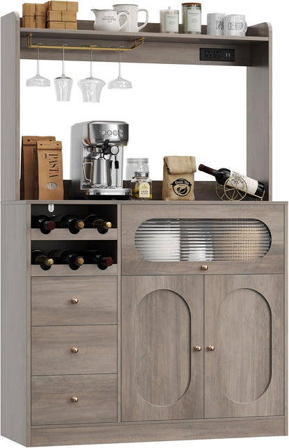 Kitchen Pantry Storage Cabinet with Hutch, Buffet Cabinet with Storage, Coffee Bar Cabinets with Power Outlets, Microwave Stand, Wine Racks, Wash Gray