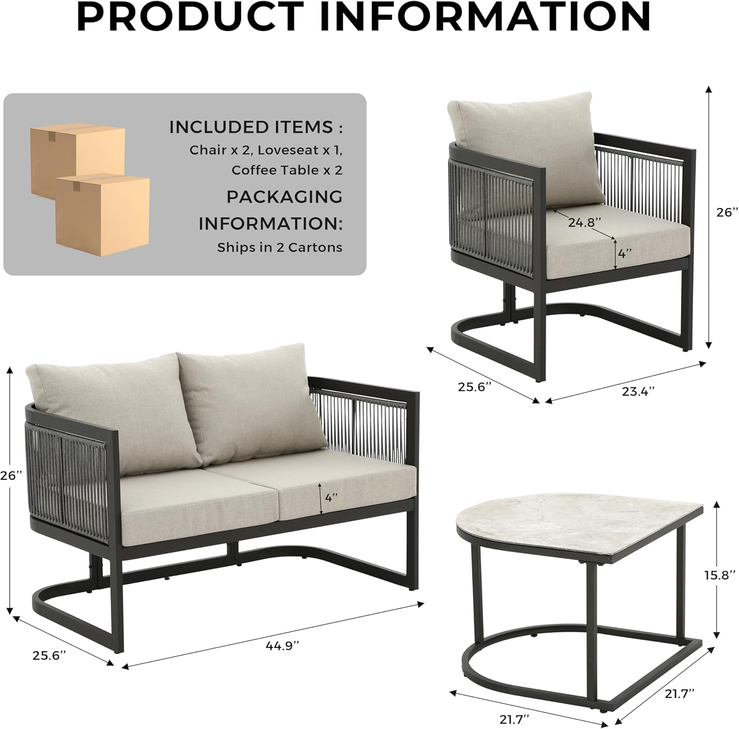 5-Piece Patio Furniture Set with 2-Seater Loveseat, 2 Accent Chairs, and Modular Marble-Style Tempered Glass Coffee Tables Multi Market World Inc.