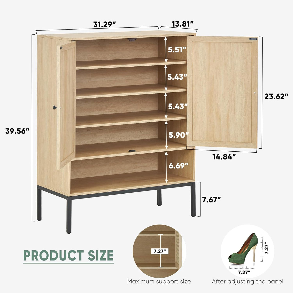 Rattan Shoe Storage Cabinet with 2 Doors, 39.5" Boho Shoe Organizer for Entryway with Adjustable Shelves and Open Cubby (fd) Multi Market World Inc.