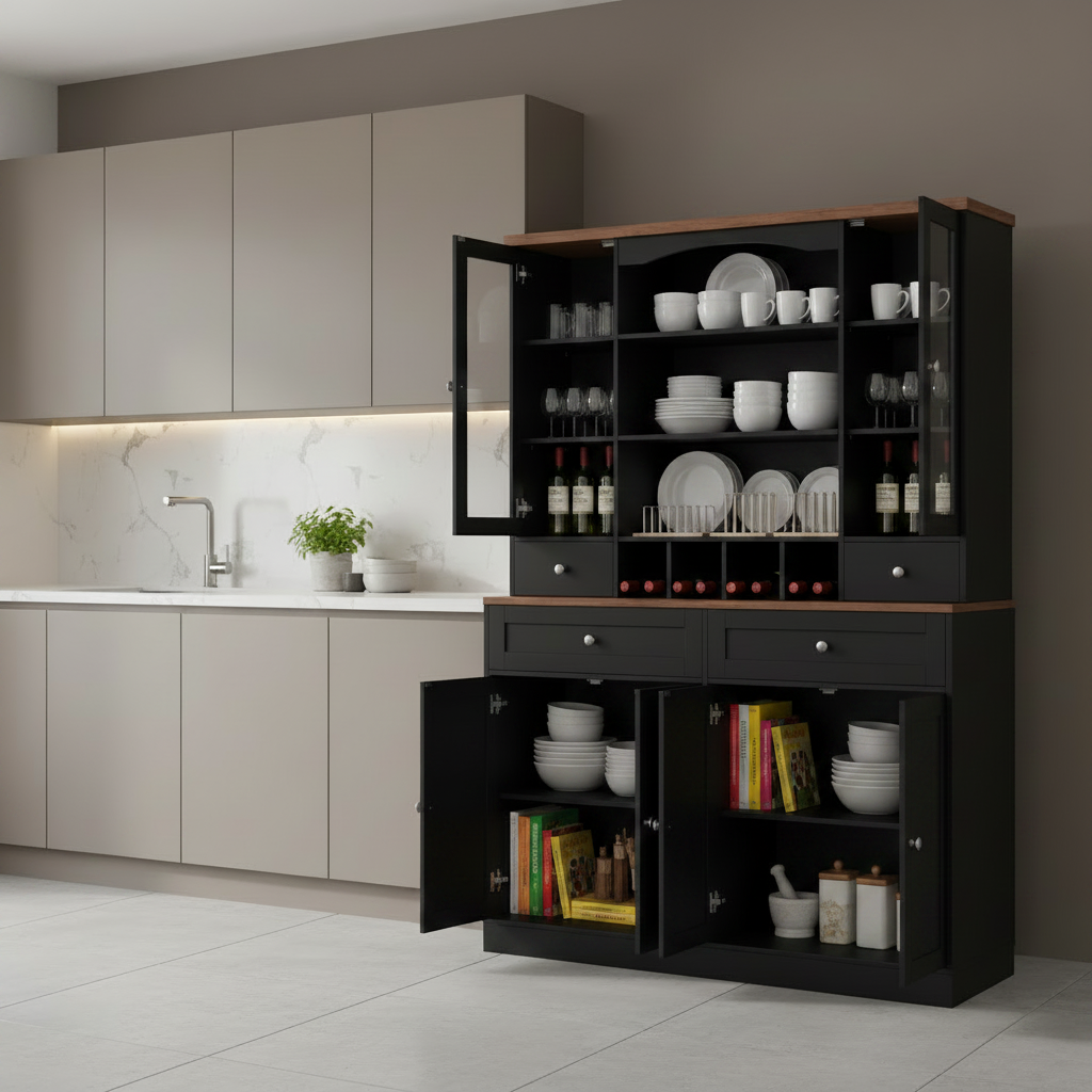 180cm Height Large Storage Cabinet with Glass Doors, Hutch, and Drawers – Black & Wood Finish Multi Market World Inc.