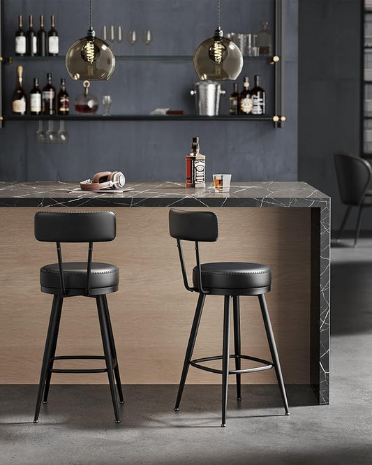 Set of 2 Swivel Counter Height Bar Stools – 25.6" Tall Mid-Century Modern Bar Chairs with Backrest, Synthetic Leather Upholstery