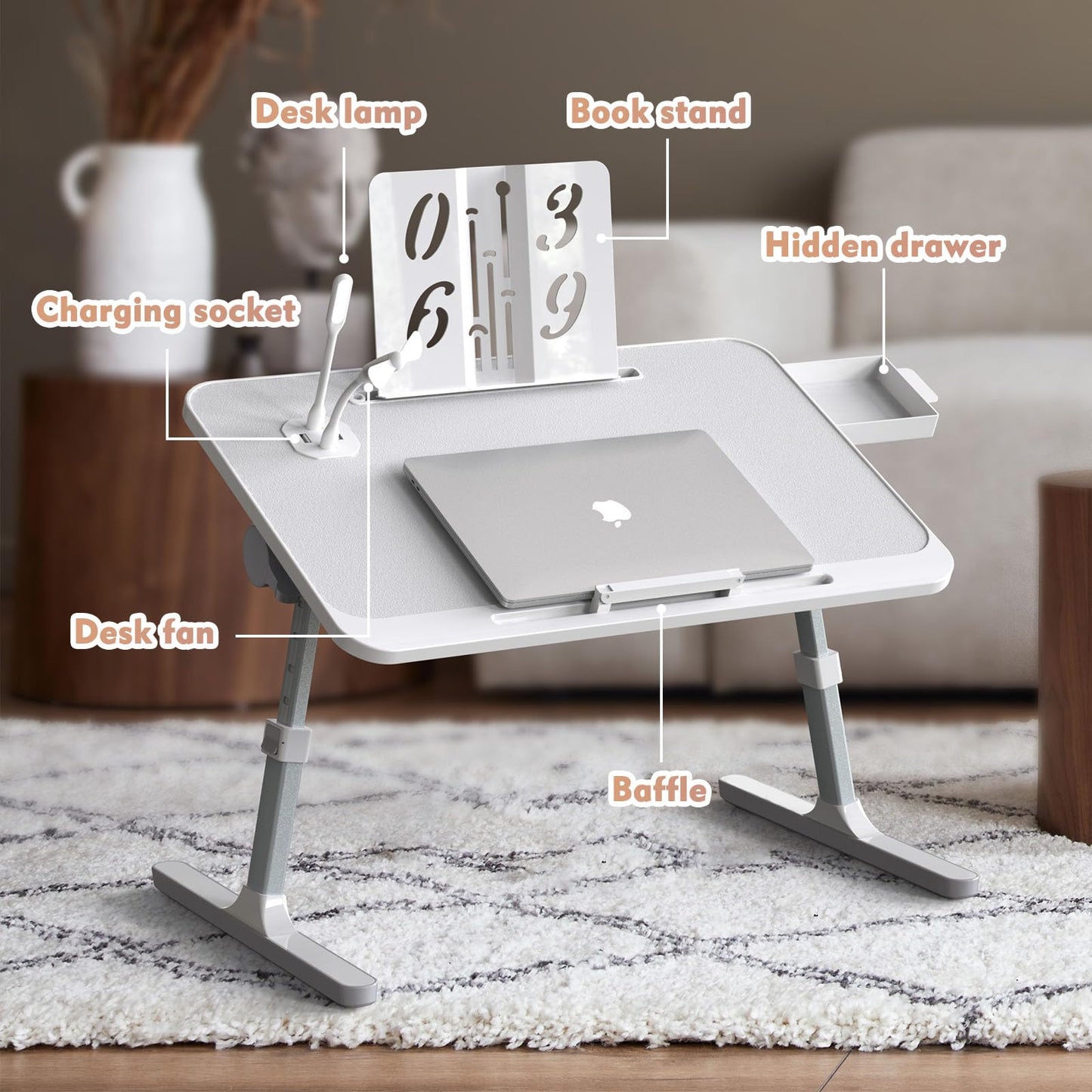 RAINBEAN Lap Desk with Charging Port and Book Stand, Foldable and Adjustable Laptop Desk for Bed and Sofa