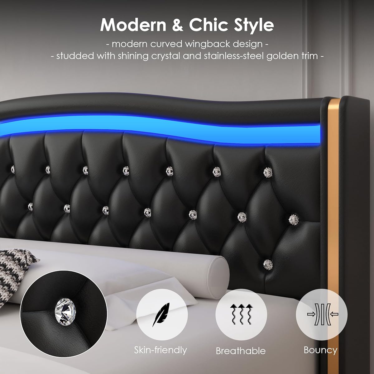King Smart LED Platform Bed Frame with 4 Storage Drawers and Crystal Button-Tufted Wingback Headboard, Soft Modern PU Upholstered Bed Frame King Size, No Box Spring Needed, Easy Assembly, Black