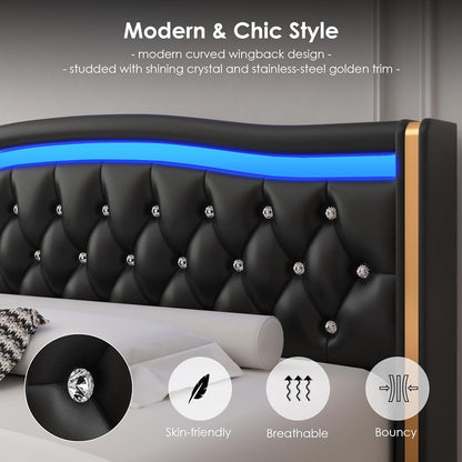 King Smart LED Platform Bed Frame with 4 Storage Drawers and Crystal Button-Tufted Wingback Headboard, Soft Modern PU Upholstered Bed Frame King Size, No Box Spring Needed, Easy Assembly, Black