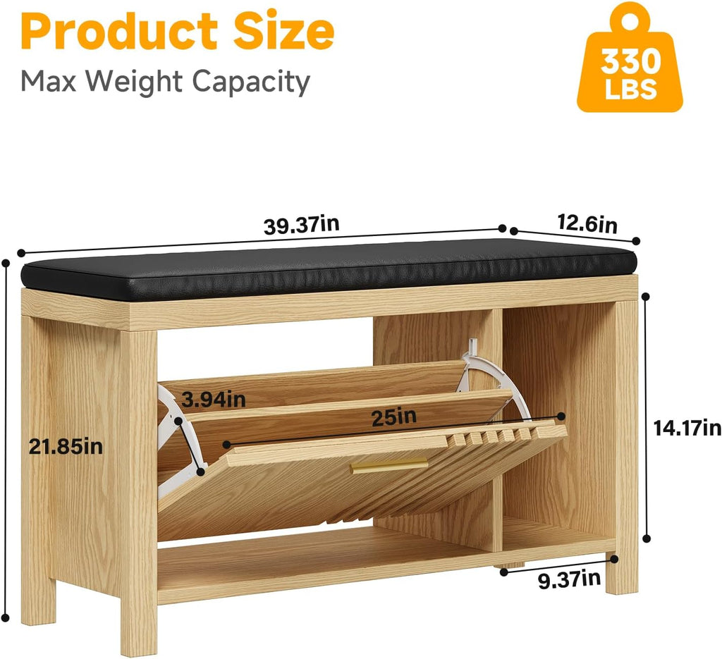 40" Entryway Shoe Storage Bench with Flip-Down Hidden Drawer, Slatted Door & Padded Seat - Natural Wood Finish Multi Market World Inc.