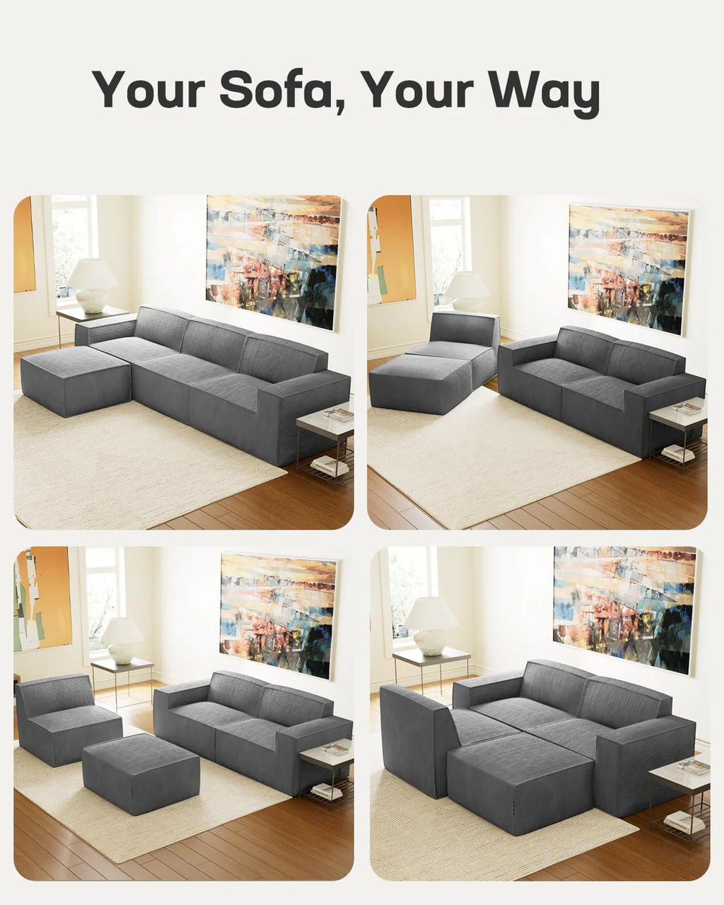 105” Cloud Sectional Couch - Modular Corduroy L-Shaped Sofa - Boneless Deep Seat Couch with Chaise - No Assembly Required - Dark Grey Multi Market World Inc.