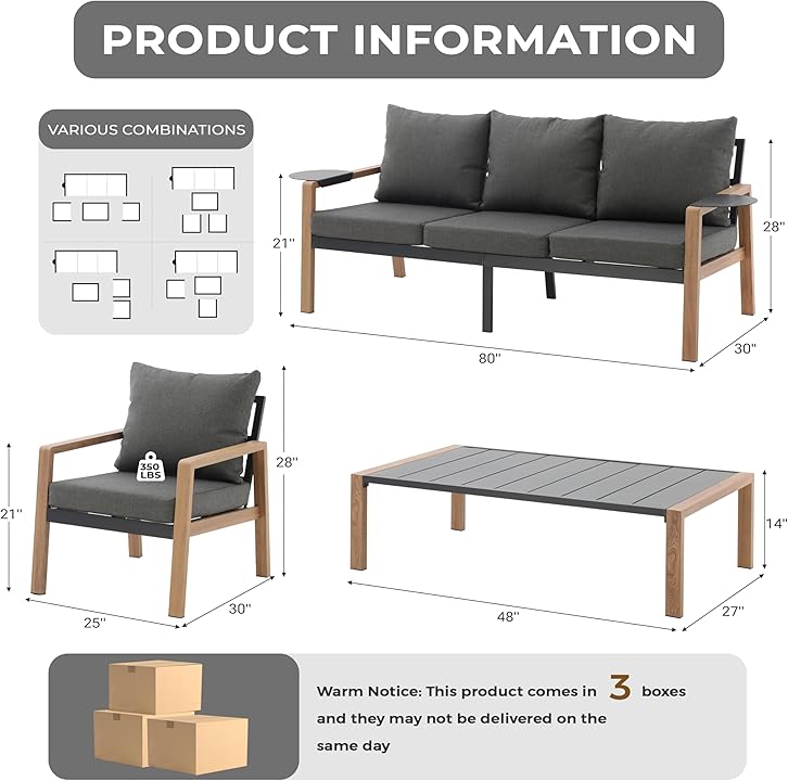 4-Piece Modern Outdoor Patio Furniture Set - 80" 3-Seat Sofa, 2 Ergonomic Armchairs with Adjustable Trays, and Large Metal Slat Coffee Table Multi Market World Inc.