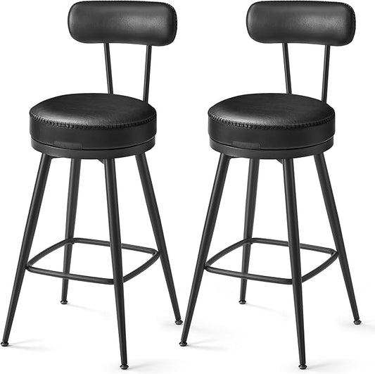 Set of 2 Swivel Counter Height Bar Stools – 25.6" Tall Mid-Century Modern Bar Chairs with Backrest, Synthetic Leather Upholstery