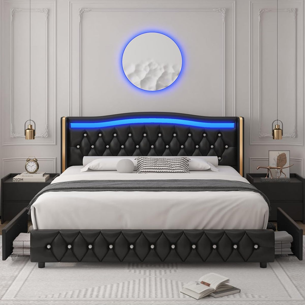 King Smart LED Platform Bed Frame with 4 Storage Drawers and Crystal Button,PU Black Multi Market World Inc.