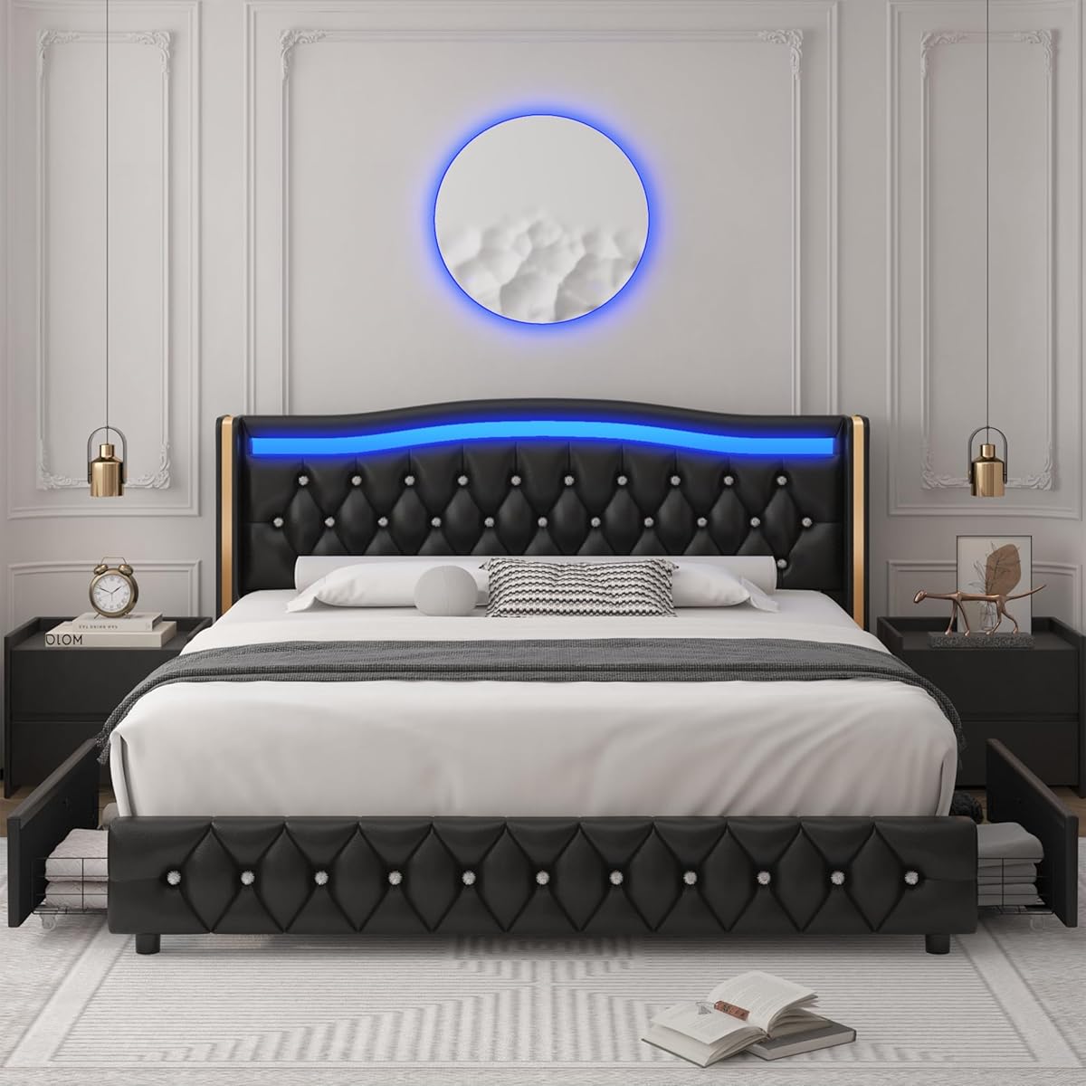 King Smart LED Platform Bed Frame with 4 Storage Drawers and Crystal Button,PU Black Multi Market World Inc.