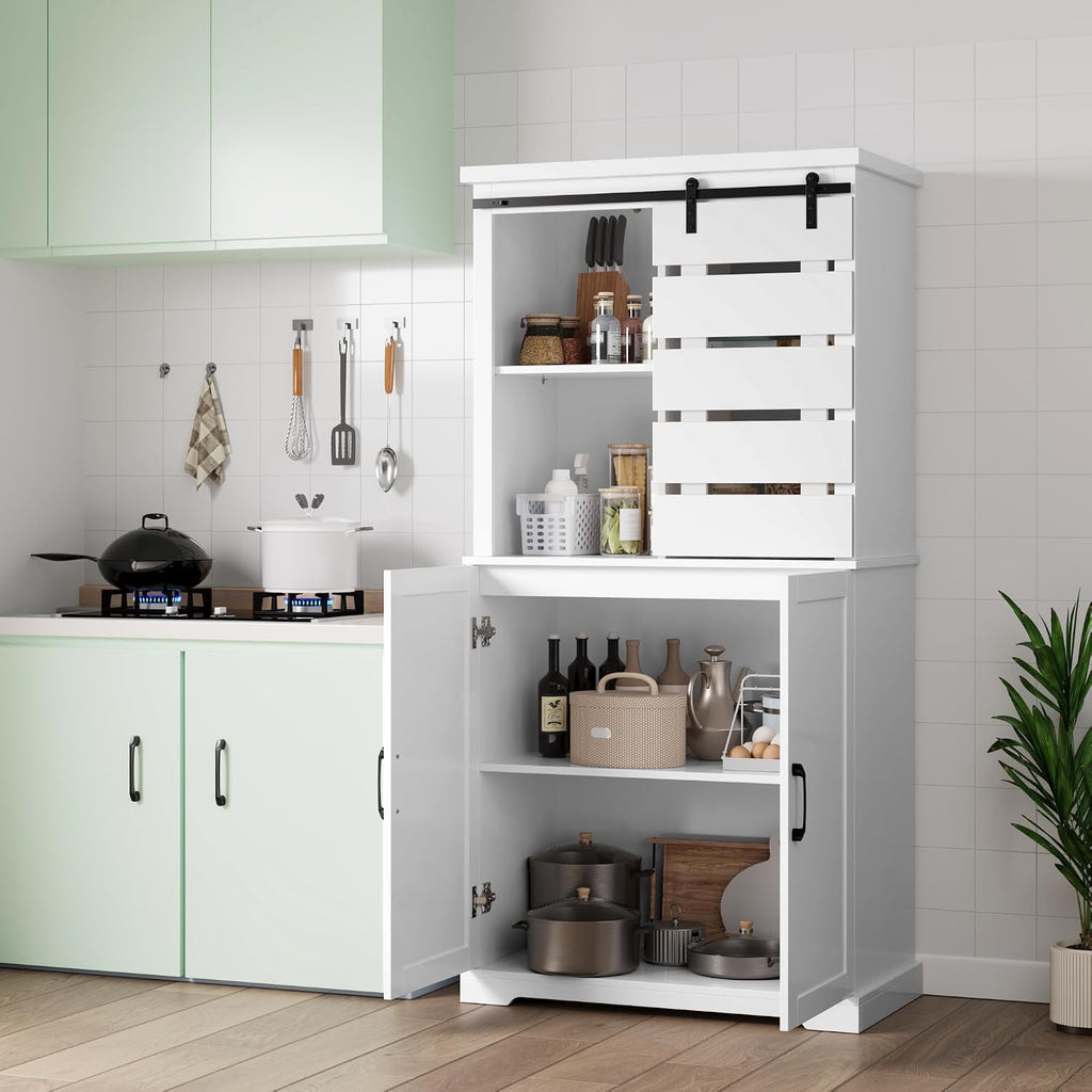 63.5" White Kitchen Pantry Cabinet with Sliding Barn Door Multi Market World Inc.