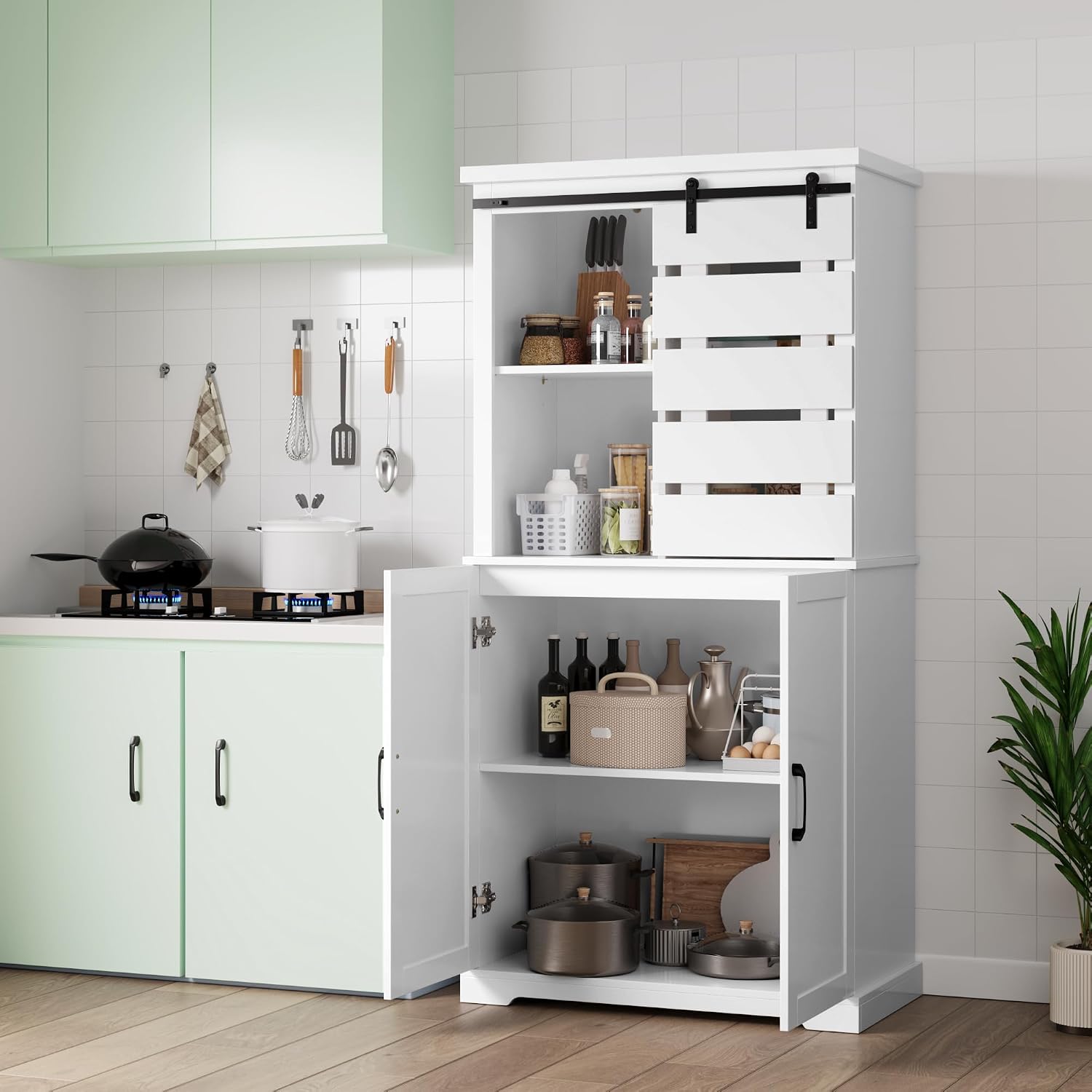 63.5" White Kitchen Pantry Cabinet with Sliding Barn Door Multi Market World Inc.