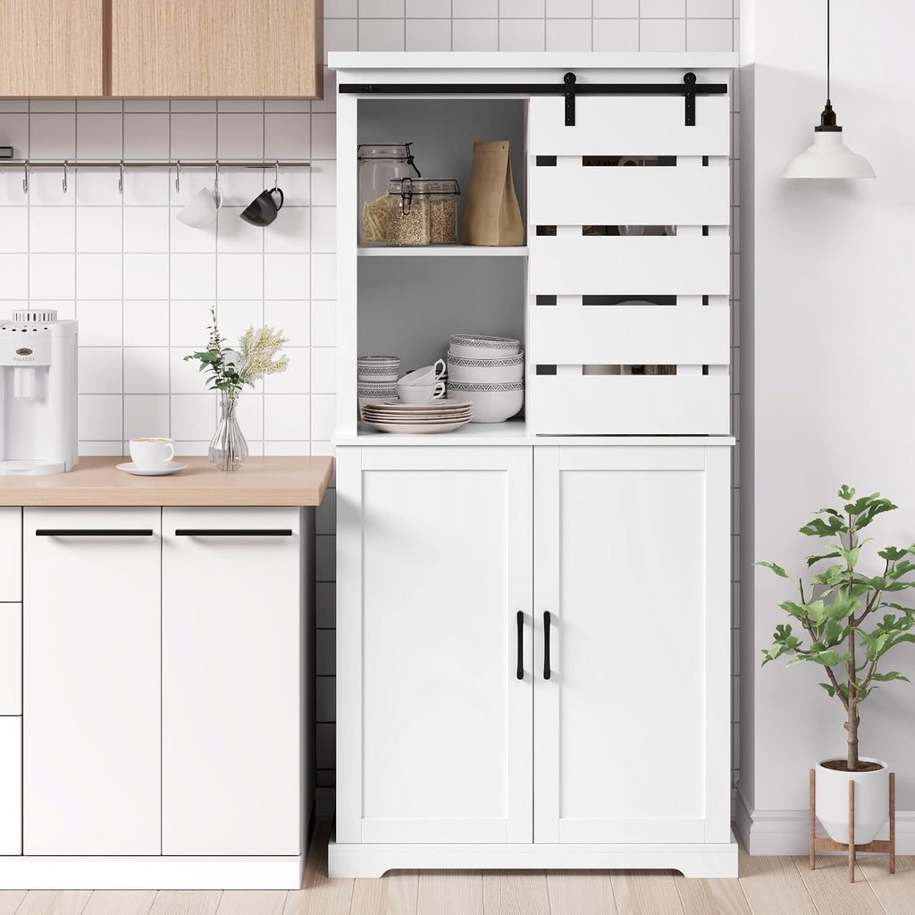 63.5" White Kitchen Pantry Cabinet with Sliding Barn Door Multi Market World Inc.