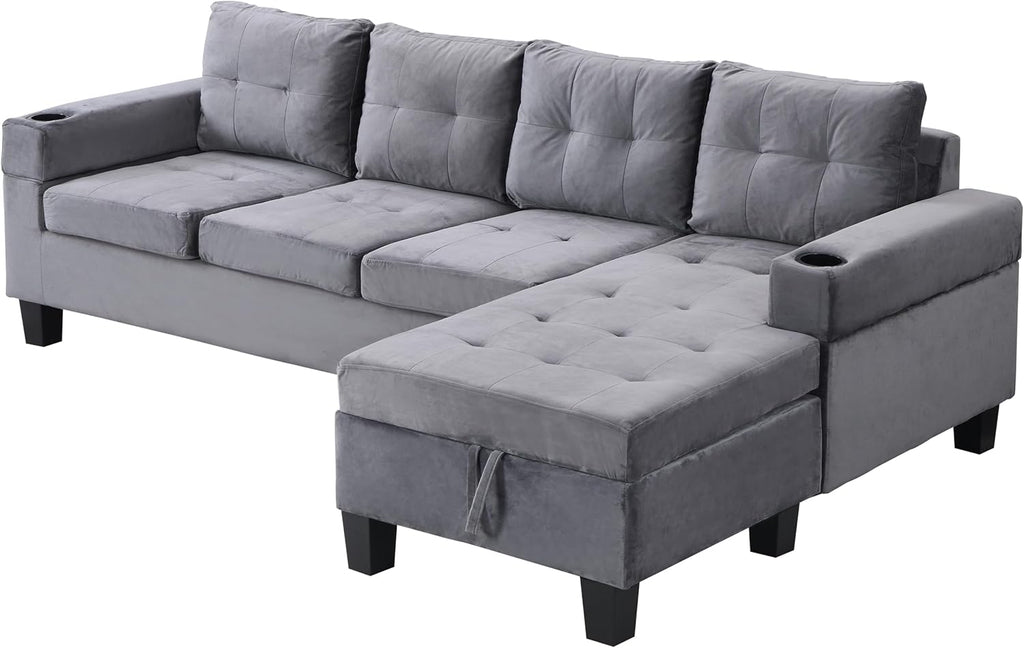 4-Seater L-Shaped Sectional Sofa with Storage Chaise, with High-Density Foam, Built-in Cup Holder for Living Room, Grey (fd) Multi Market World Inc.