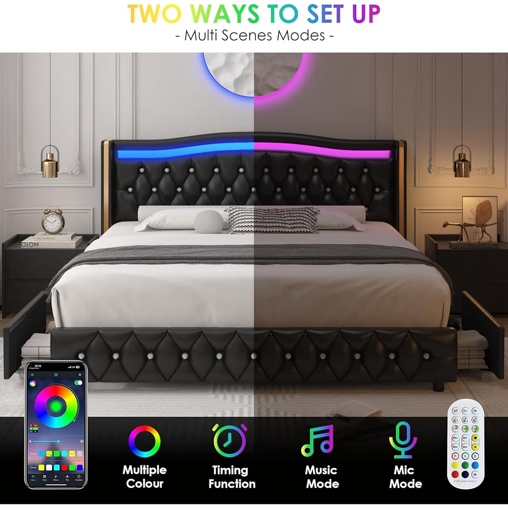 King Smart LED Platform Bed Frame with 4 Storage Drawers and Crystal Button,PU Black Multi Market World Inc.
