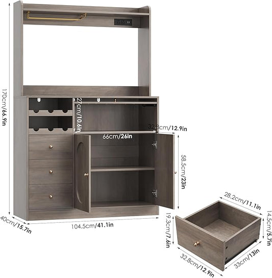 Kitchen Pantry Storage Cabinet with Hutch, Buffet Cabinet with Storage, Coffee Bar Cabinets with Power Outlets, Microwave Stand, Wine Racks, Wash Gray
