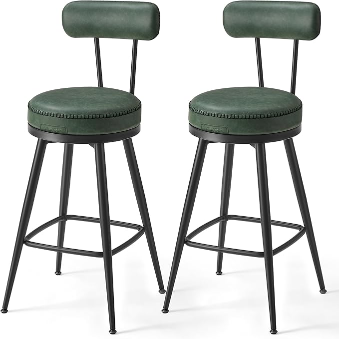 Set of 2 Swivel Counter Height Bar Stools – 25.6" Tall Mid-Century Modern Bar Chairs with Backrest, Synthetic Leather Upholstery