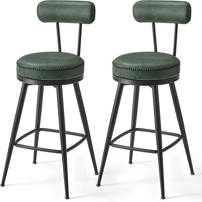 Set of 2 Swivel Counter Height Bar Stools – 25.6" Tall Mid-Century Modern Bar Chairs with Backrest, Synthetic Leather Upholstery