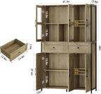 41.3" Large Kitchen Pantry Cabinet with Clear Glass Doors, 2 Drawers & Adjustable Shelves, Freestanding Storage Hutch with Metal Frame, Rustic Brown Multi Market World Inc.