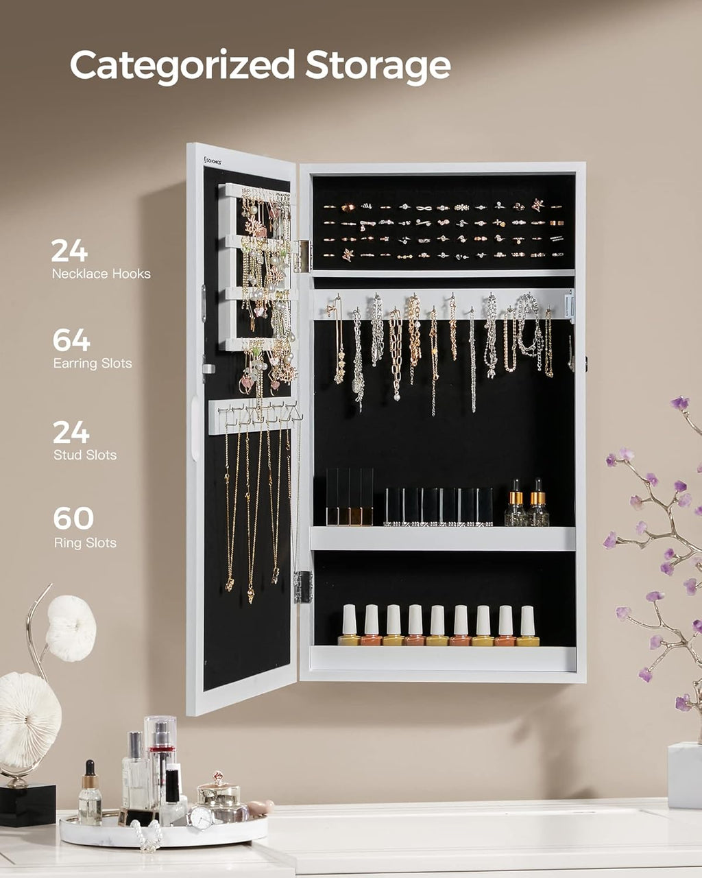 Wall Mount Mirror, Lockable Jewelry Cabinet, 3.9''D x 14.6''W x 26.4''H Multi Market World Inc.