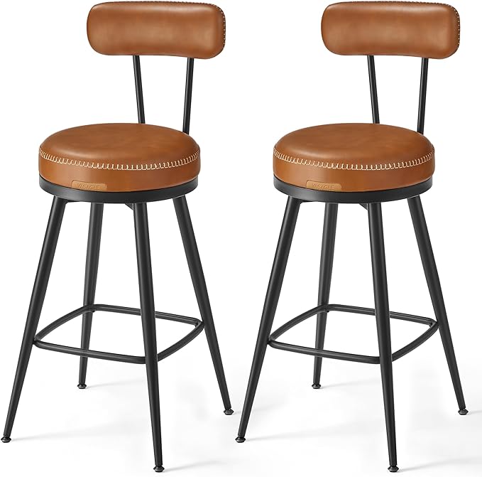 Set of 2 Swivel Counter Height Bar Stools – 25.6" Tall Mid-Century Modern Bar Chairs with Backrest, Synthetic Leather Upholstery
