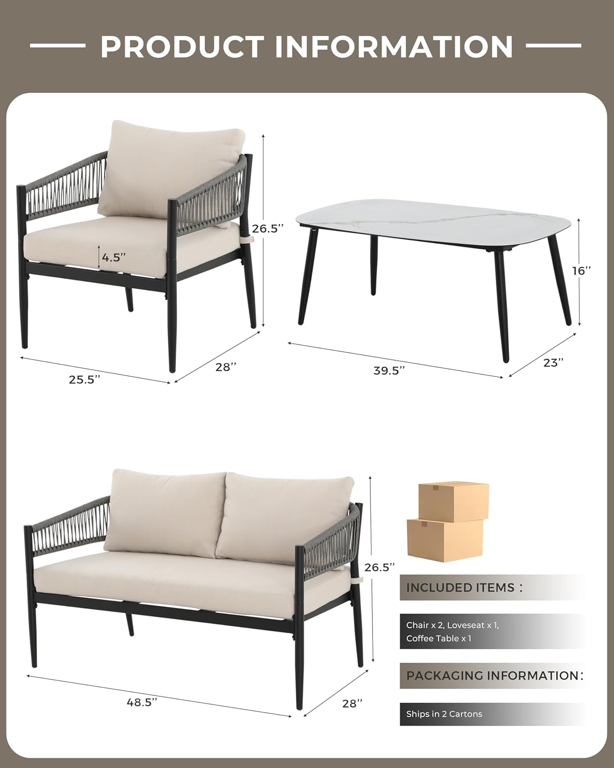 4-Piece Modern Outdoor Patio Furniture Set - All-Weather Rope Loveseat, 2 Accent Chairs, and Faux Marble Coffee Table with 4.5" Thick Cushions Multi Market World Inc.