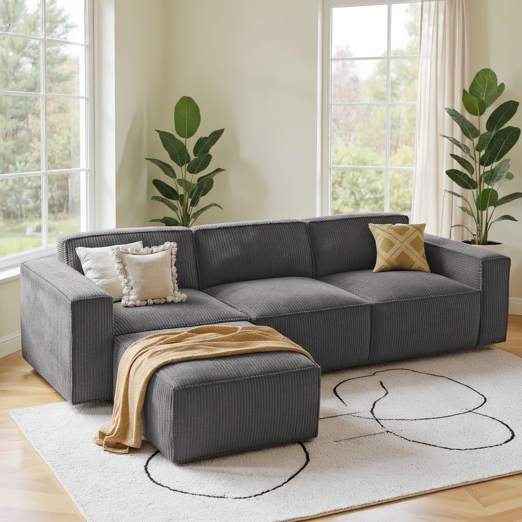 105” Cloud Sectional Couch - Modular Corduroy L-Shaped Sofa - Boneless Deep Seat Couch with Chaise - No Assembly Required - Dark Grey Multi Market World Inc.