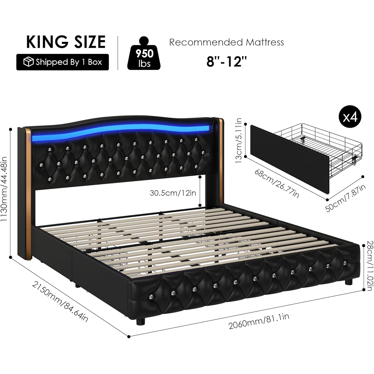 King Smart LED Platform Bed Frame with 4 Storage Drawers and Crystal Button-Tufted Wingback Headboard, Soft Modern PU Upholstered Bed Frame King Size, No Box Spring Needed, Easy Assembly, Black