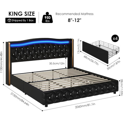 King Smart LED Platform Bed Frame with 4 Storage Drawers and Crystal Button-Tufted Wingback Headboard, Soft Modern PU Upholstered Bed Frame King Size, No Box Spring Needed, Easy Assembly, Black