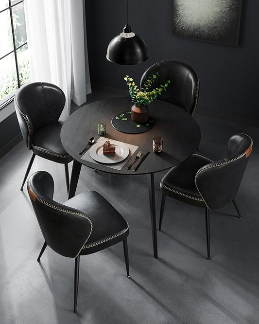 Set of 2 Upholstered Dining Chairs – Mid-Century Modern Accent Kitchen Chairs with Padded Seat, Solid Back, Synthetic Leather Upholstery, Steel Legs, Easy Assembly