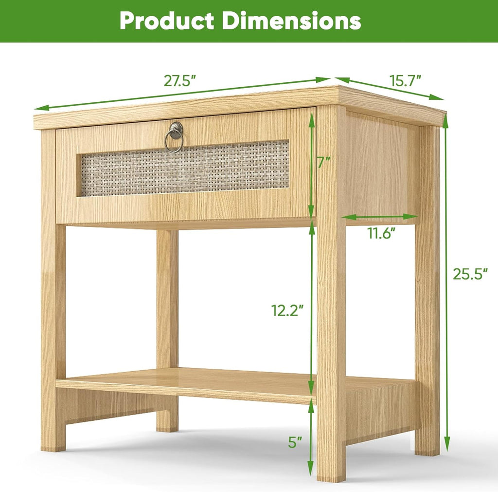 27" Rattan Nightstand with Built-in Charging Station – Modern Boho End Table with Drawer & Open Shelf Multi Market World Inc.