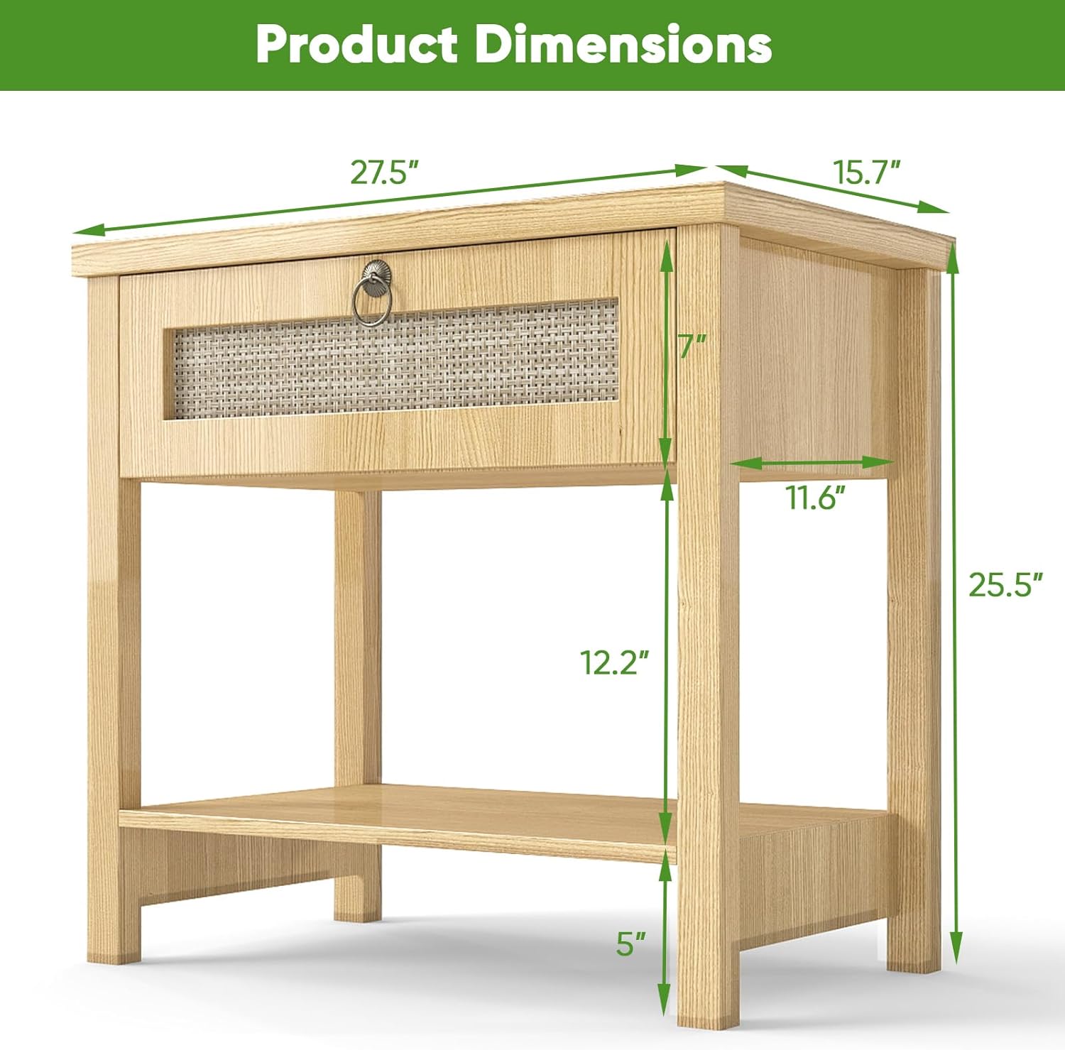 27" Rattan Nightstand with Built-in Charging Station – Modern Boho End Table with Drawer & Open Shelf Multi Market World Inc.