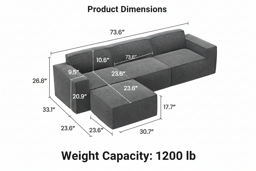 105” Cloud Sectional Couch - Modular Corduroy L-Shaped Sofa - Boneless Deep Seat Couch with Chaise - No Assembly Required - Dark Grey Multi Market World Inc.